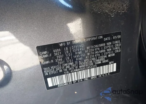 2020 Subaru Ascent Touring z USA, uszkodzony, nr VIN 4S4WMARDXL3453325